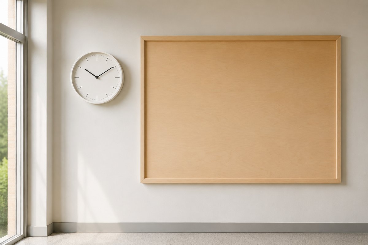Eine schlichte runde Wanduhr neben einer leeren Anschlagtafel aus hellem Holz an einer hellen Wand.