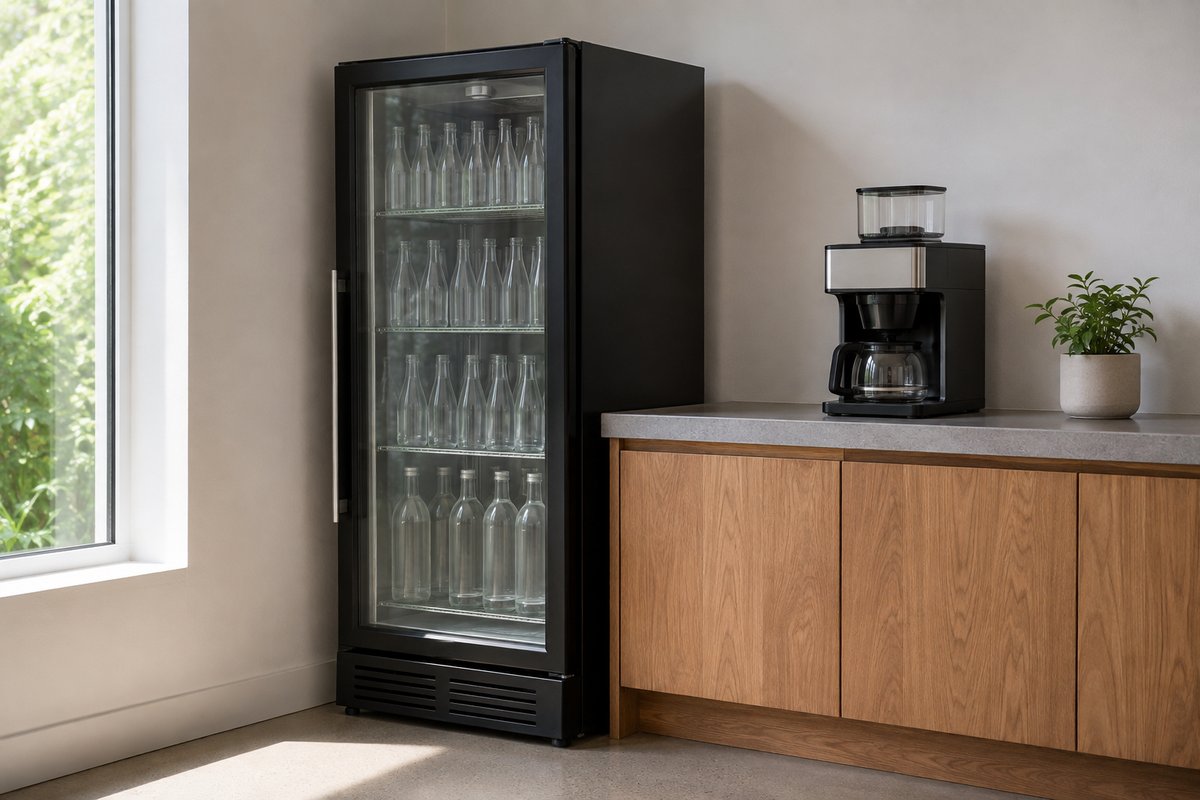 Ecke eines hellen Raums mit einem Kühlschrank mit Glastür voller unbeschrifteter Flaschen und einer kleinen Filterkaffeemaschine auf der Arbeitsplatte daneben.