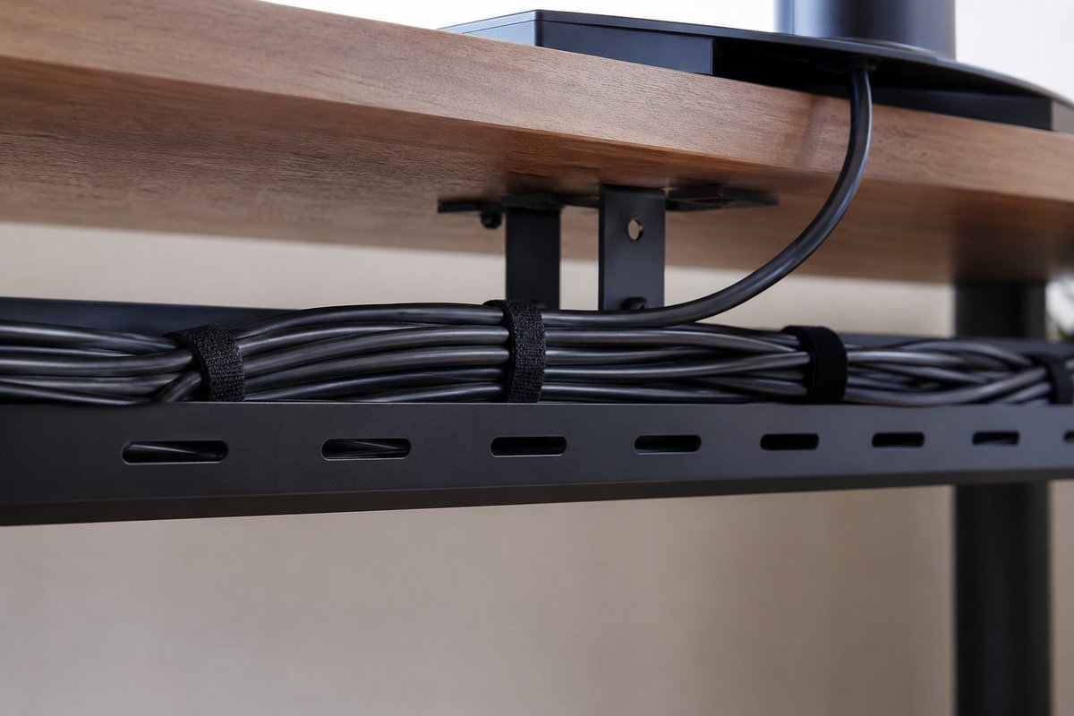 Nahaufnahme der Kabelwanne unter einem Tisch, in der gebündelte schwarze Kabel entlanglaufen und eines nach oben zum Monitorfuß abzweigt.