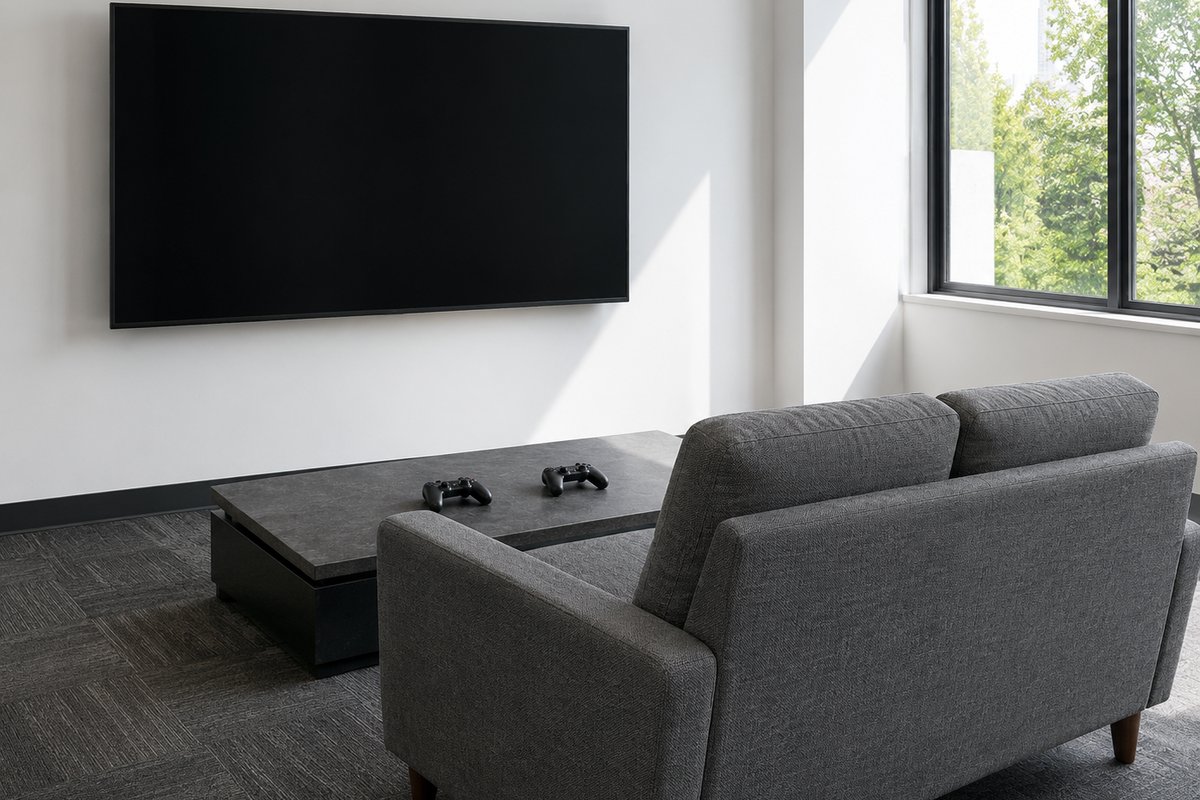 Eine Sitzecke im hellen Saal: graues Zweisitzer-Sofa vor einem ausgeschalteten Wandbildschirm, zwei Controller auf dem niedrigen Tisch.