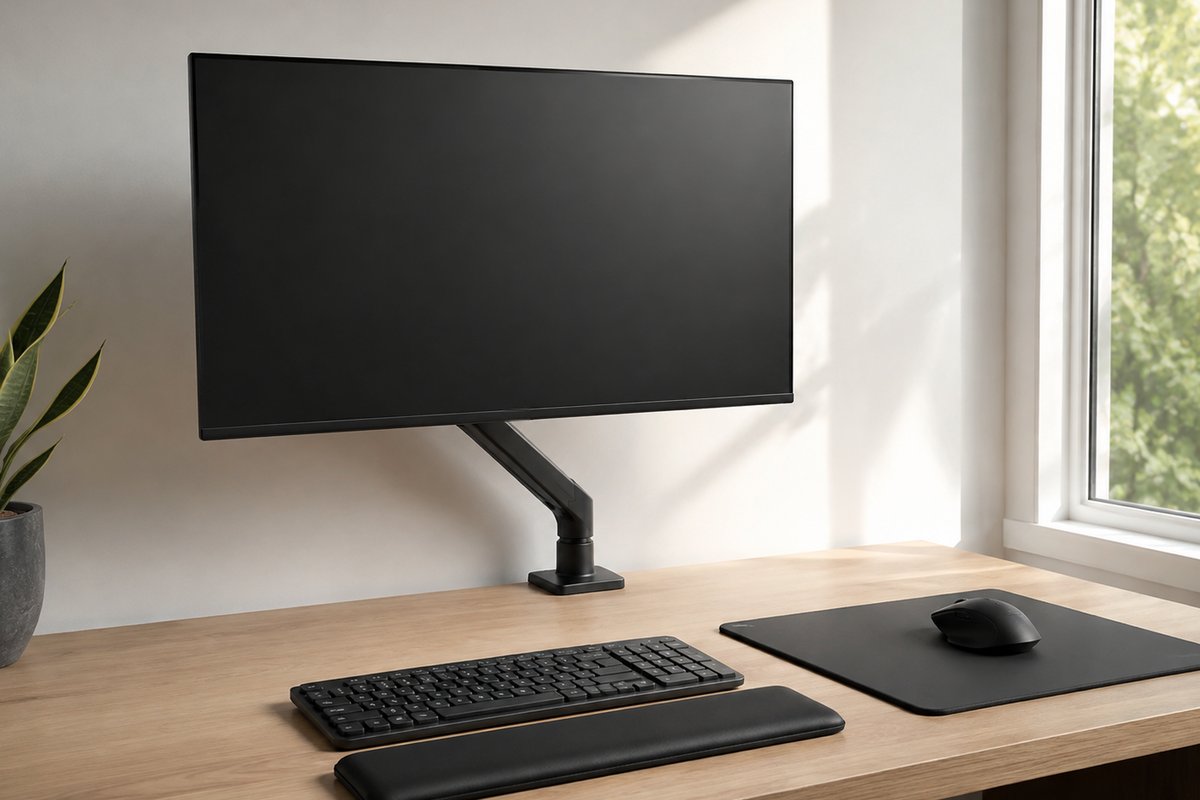 Ein Highrefresh-Platz: breiter Monitor am Gelenkarm, flache Tastatur, Handballenauflage.