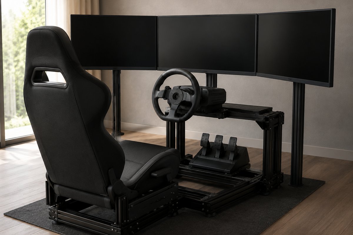 Ein Sim-Rig: Schalensitz im Rahmen, Lenkrad, Pedale, drei ausgeschaltete Schirme.