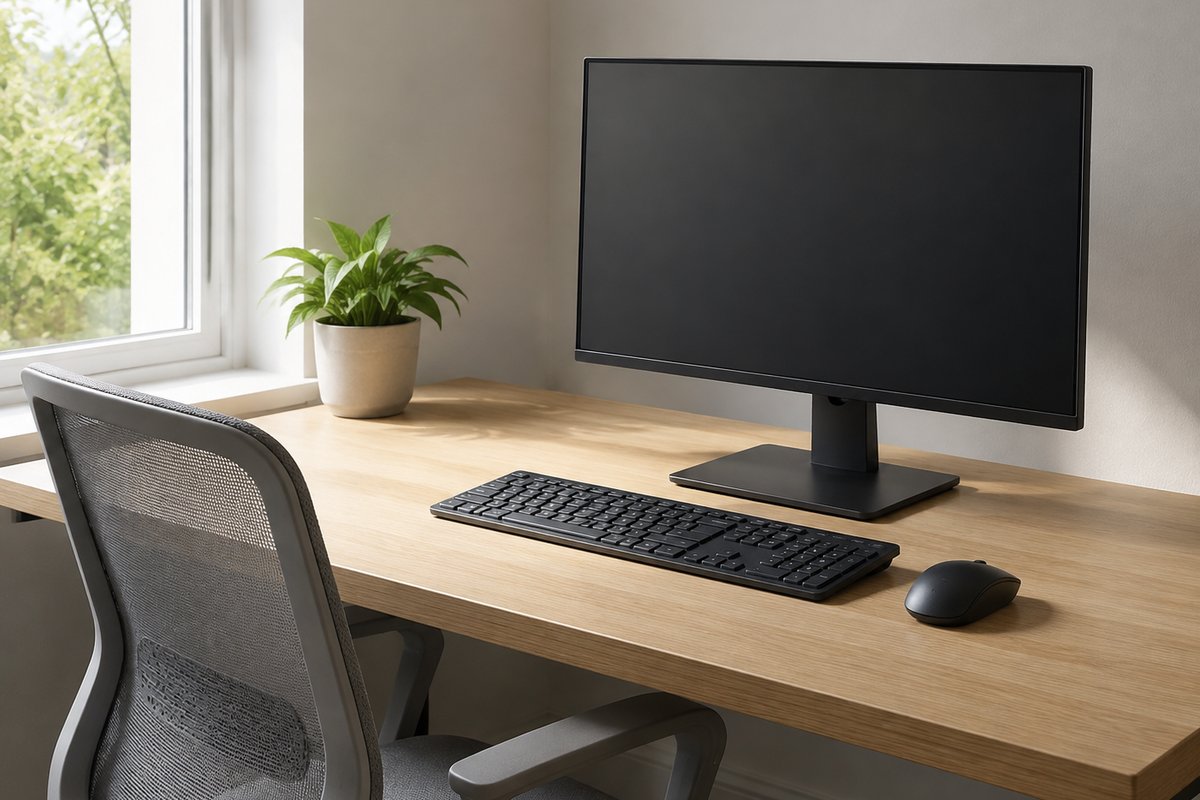 Ein Standardplatz von der Seite: heller Holztisch, ausgeschalteter Monitor, Netzstuhl.