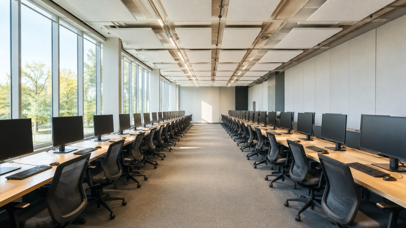 Der Saal von Bergatelier: zwei lange Reihen mit ausgeschalteten Monitoren, hohe Fenster an der linken Wand, Tageslicht bis in die letzte Reihe.