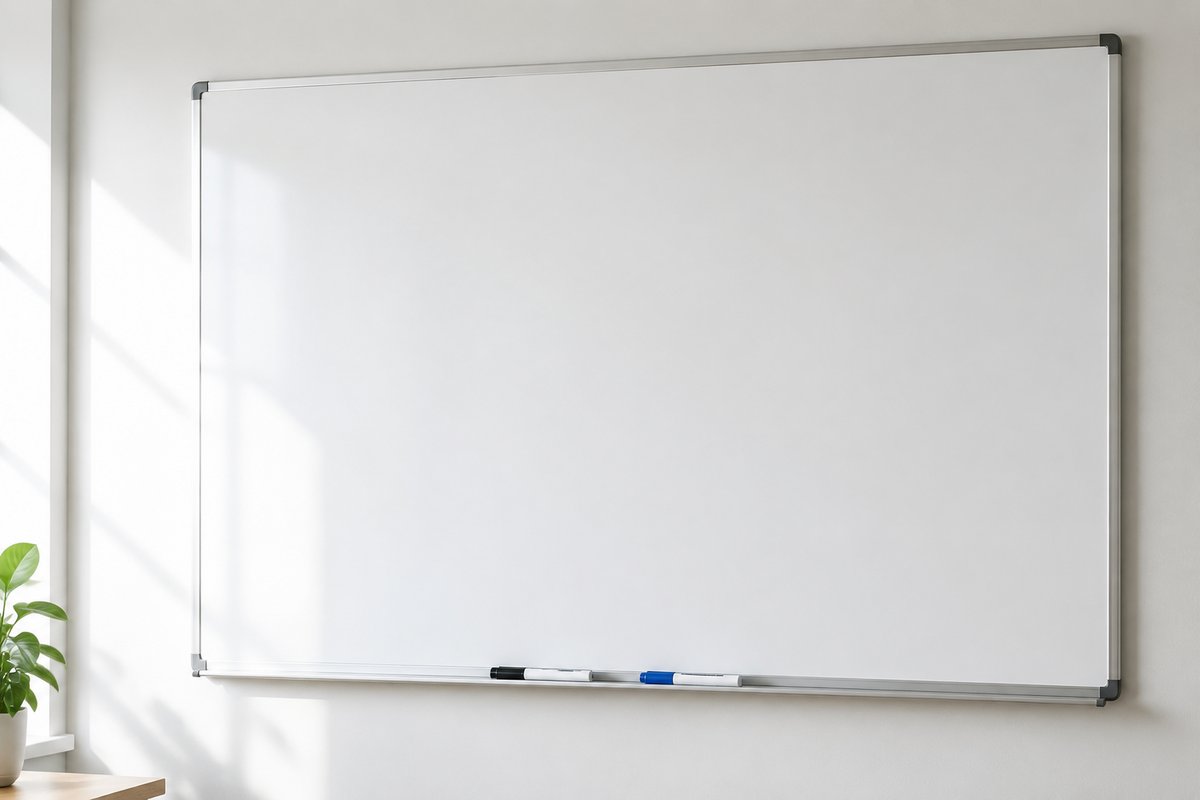 Ein großes, leeres weißes Magnettafel an einer hellen Wand, zwei Marker liegen in der Ablage.